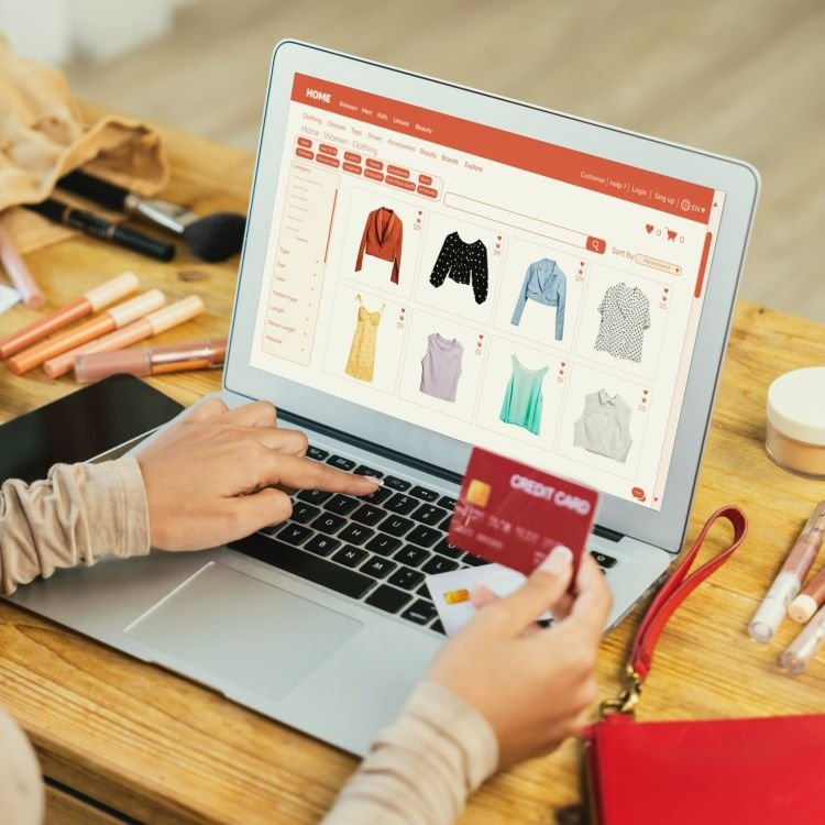 Woman shopping online on internet marketplace browsing for sale items for modern lifestyle and use credit card for online payment from wallet protected by crucial cyber security software